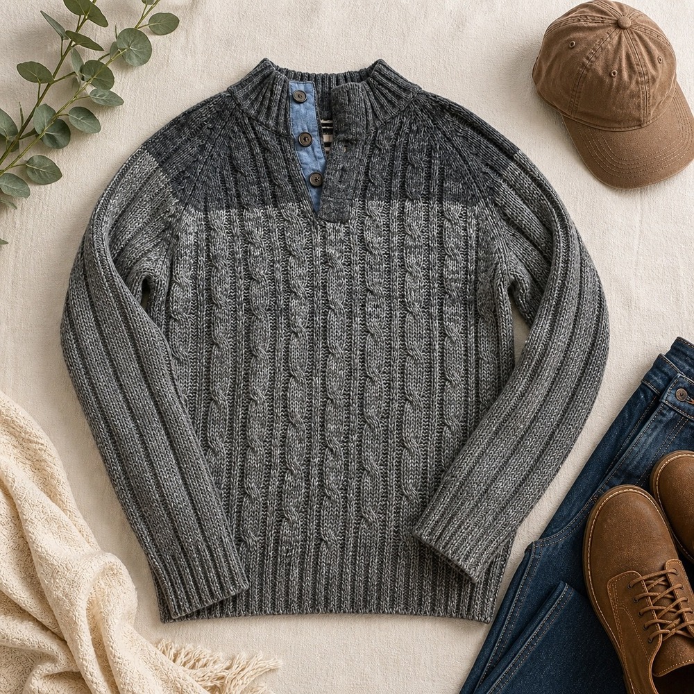 Weatherproof Vintage Mens Grey Cable Knit Henley Sweater Mock Neck WPL11590 M